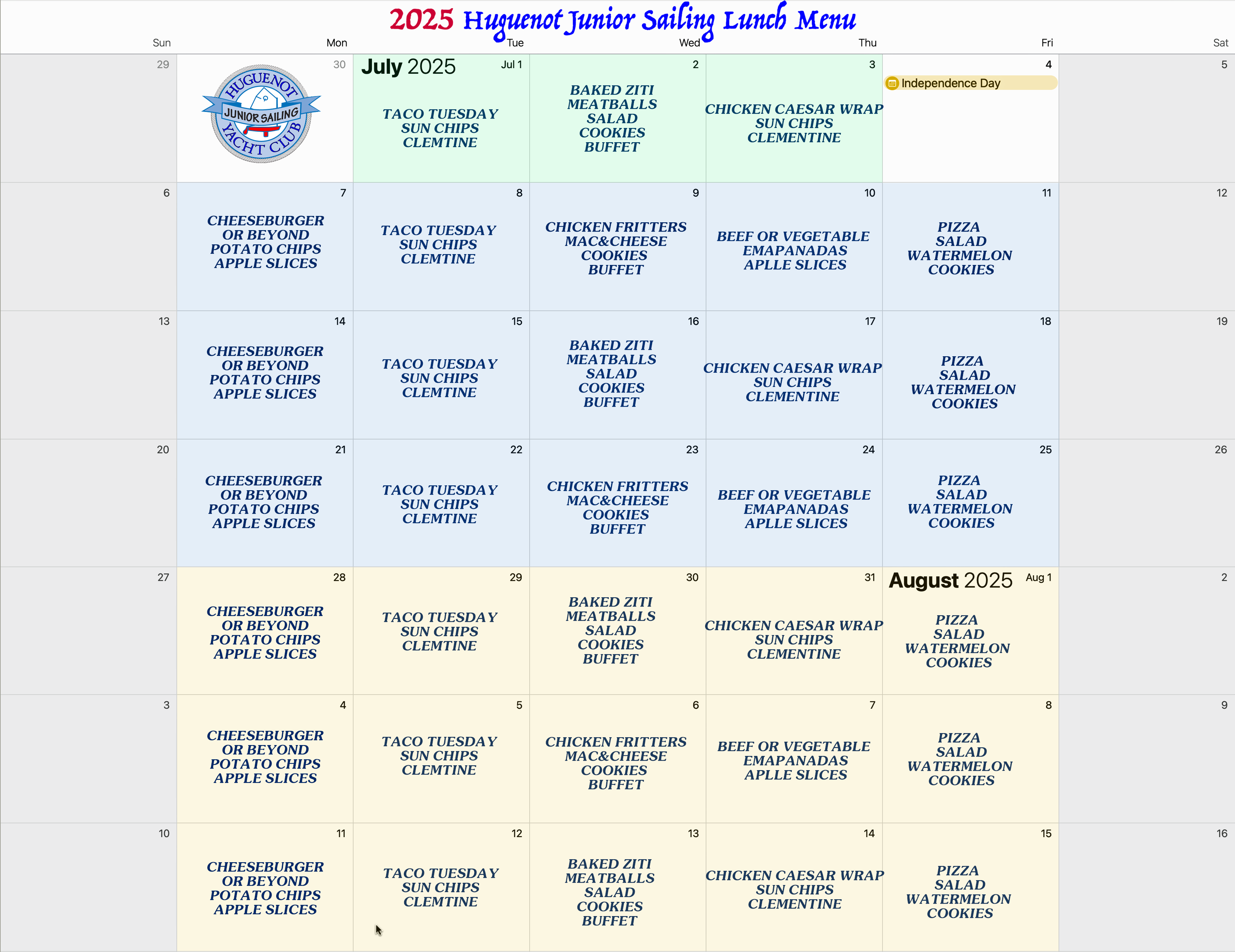 2025 HYC JS Lunch Menu